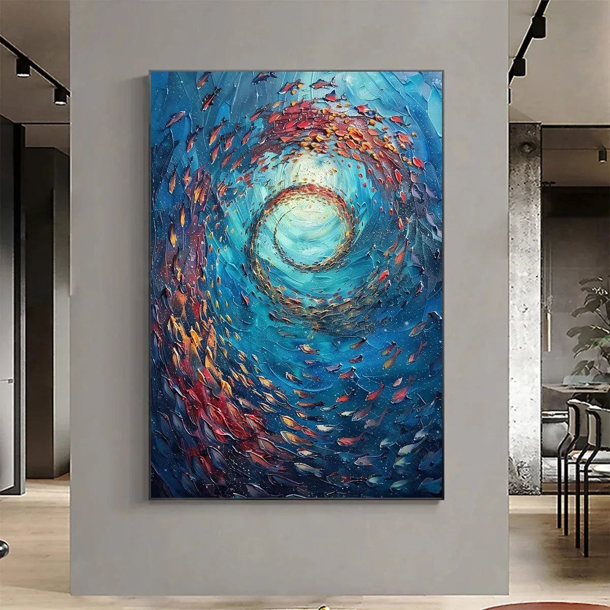 Oceanic Vortex hand-painted ocean blue, ivory and soft neutral tones textured school of fish painting shown as stretched canvas