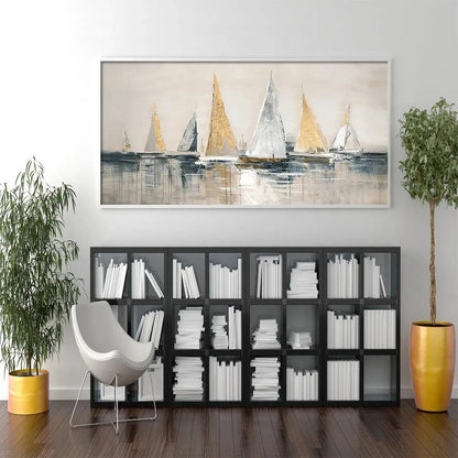 Golden Sailboats hand-painted white, ocean blue and gold textured sailboat seascape painting shown with white frame