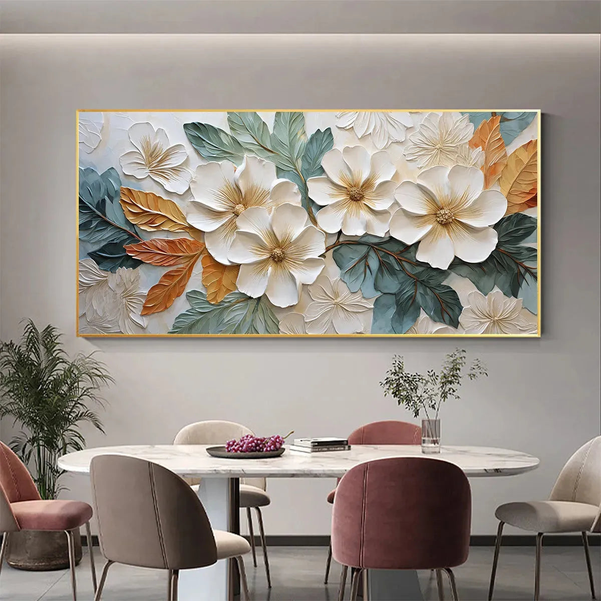 Green and Gold Magnolia Textured Painting – White Magnolias