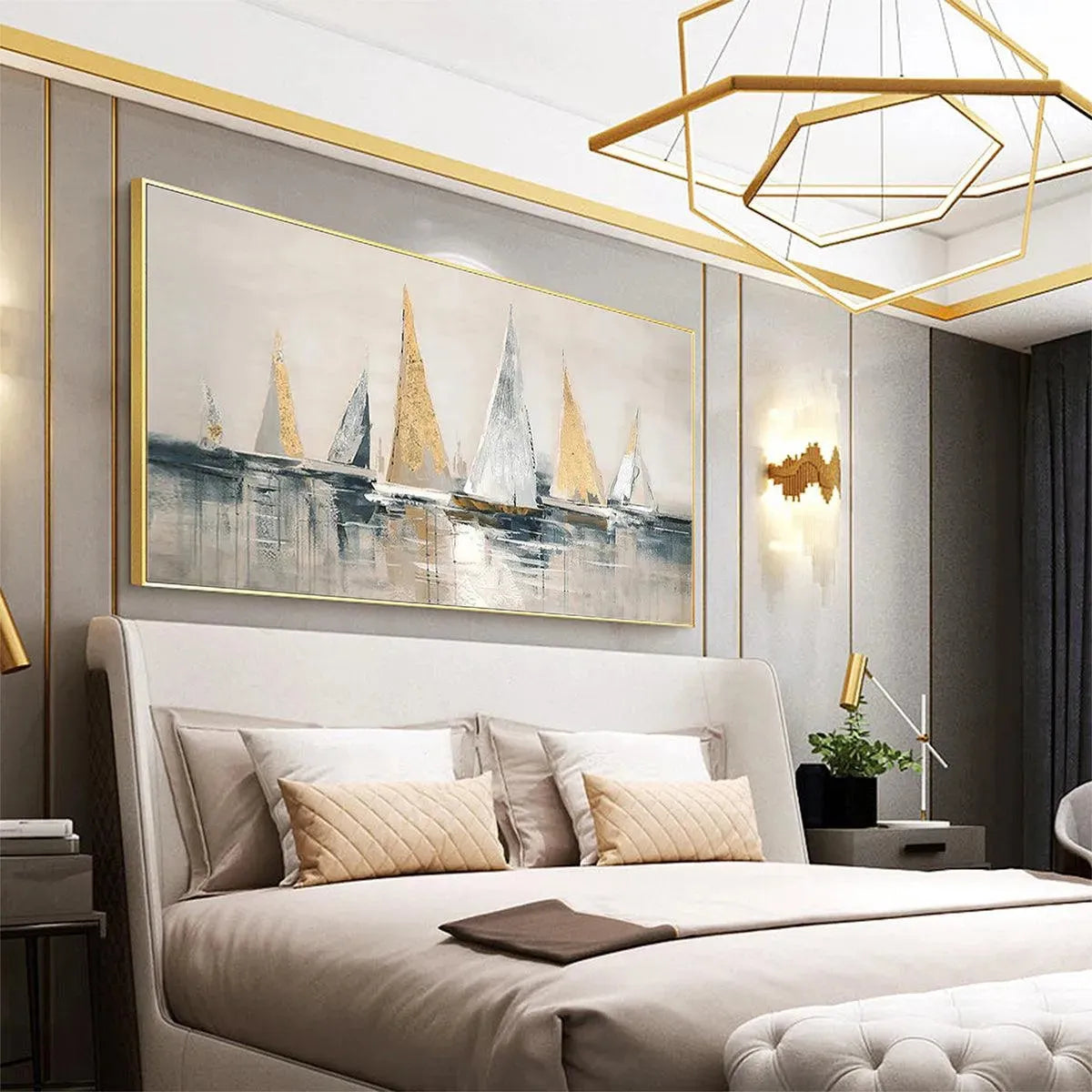 Golden Sailboats hand-painted white, ocean blue and gold textured sailboat seascape painting shown with black frame