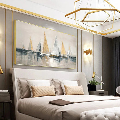 Golden Sailboats hand-painted white, ocean blue and gold textured sailboat seascape painting shown with black frame