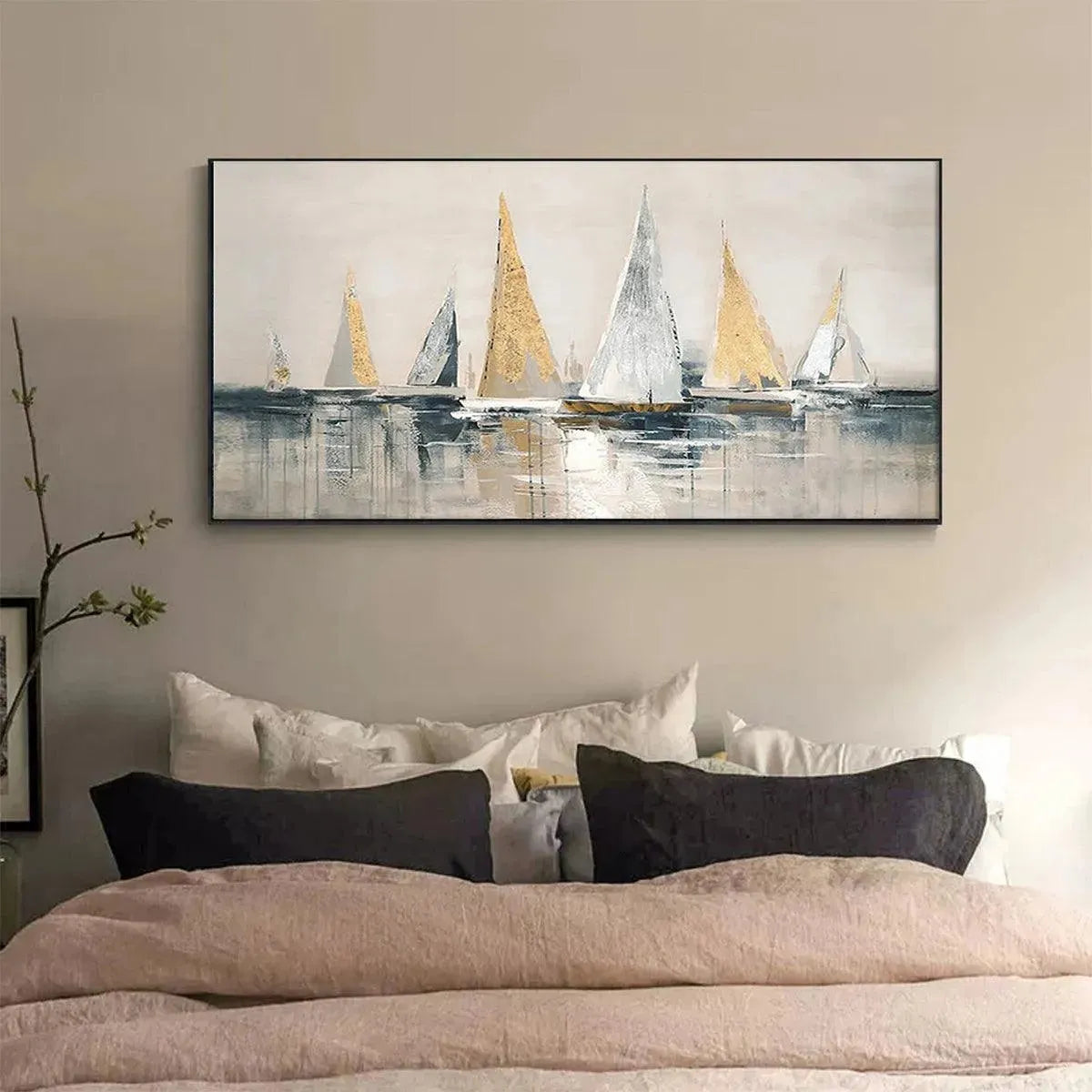 Golden Sailboats hand-painted white, ocean blue and gold textured sailboat seascape painting rolled canvas option
