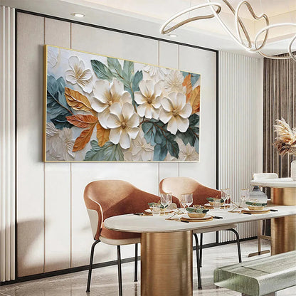 Green and Gold Magnolia Textured Painting – White Magnolias