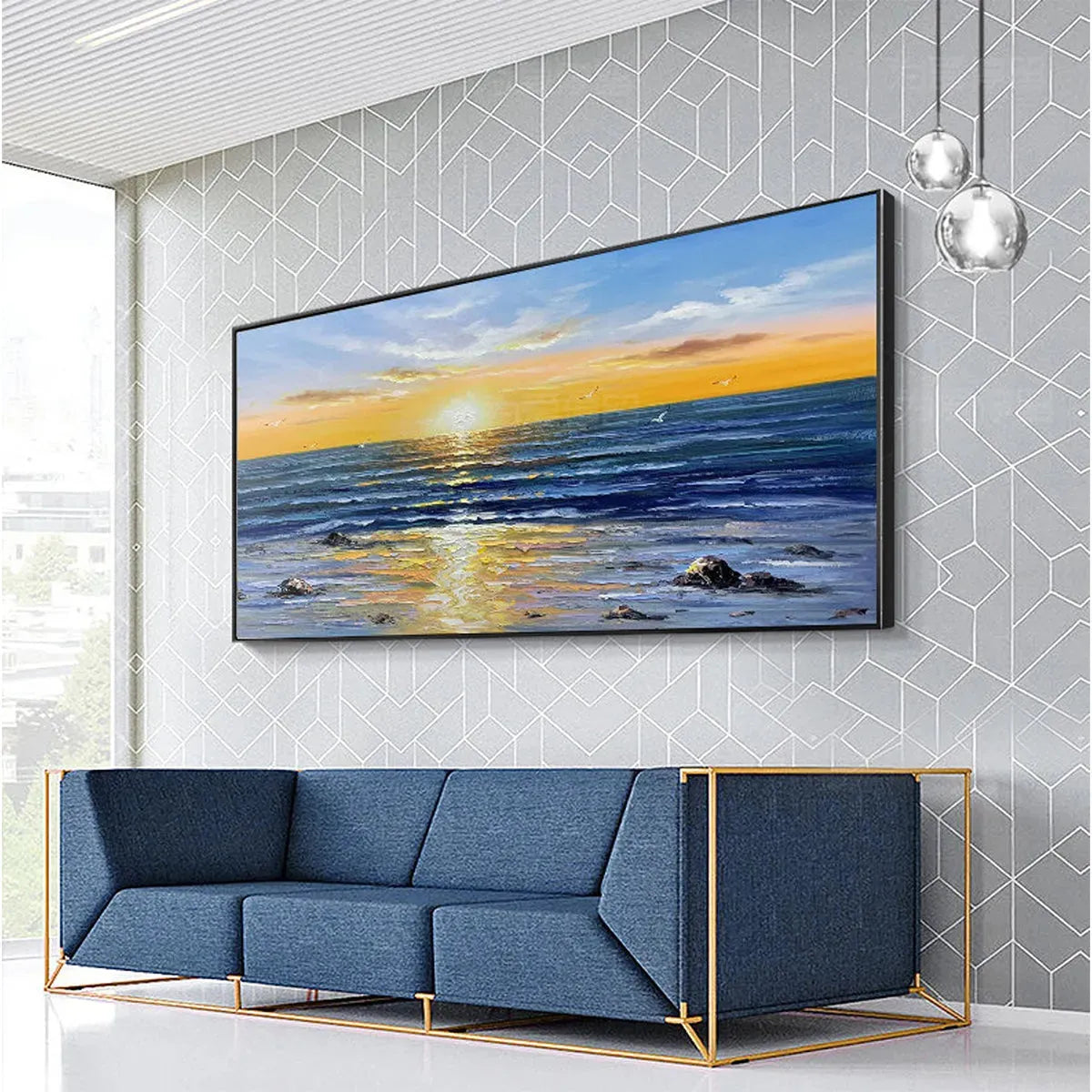 Sunkissed Shores hand-painted yellow and orange textured sunset seascape painting shown with white frame