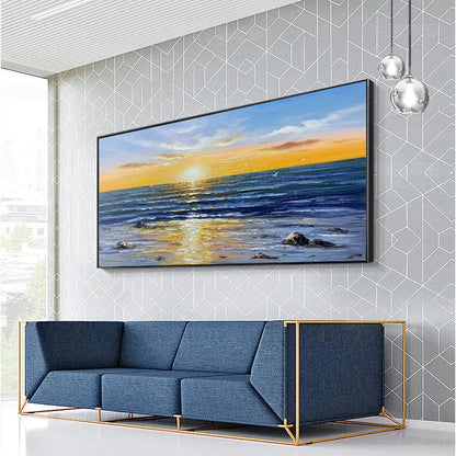 Sunkissed Shores hand-painted yellow and orange textured sunset seascape painting shown with white frame