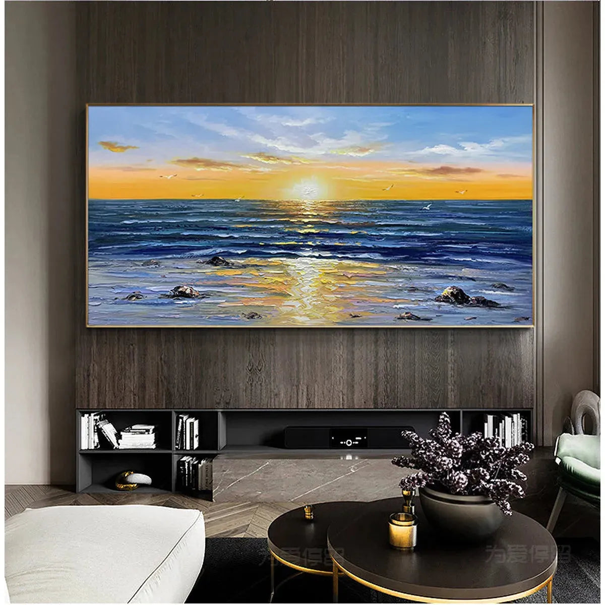 Sunkissed Shores hand-painted yellow and orange textured sunset seascape painting shown with black frame