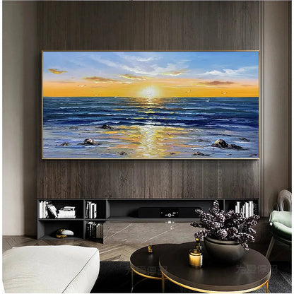 Sunkissed Shores hand-painted yellow and orange textured sunset seascape painting shown with black frame