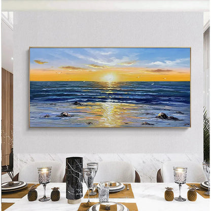 Sunkissed Shores hand-painted yellow and orange textured sunset seascape painting shown as stretched canvas