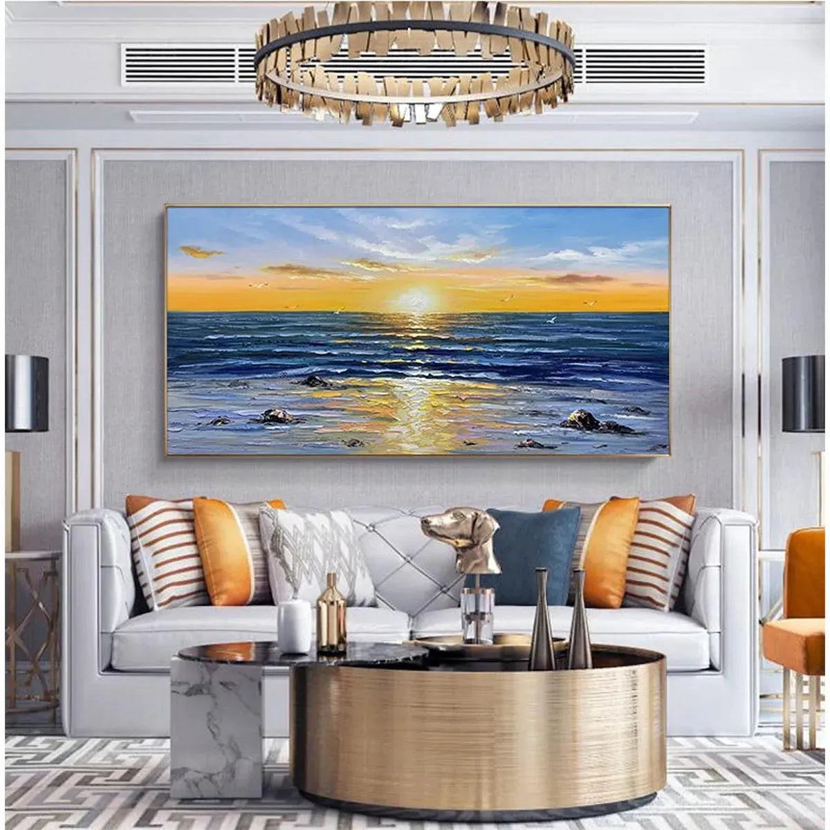 Sunkissed Shores hand-painted yellow and orange textured sunset seascape painting shown as stretched canvas
