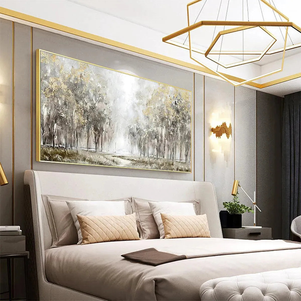 Golden Forest Path hand-painted soft grey and gold textured forest path painting shown with wood frame