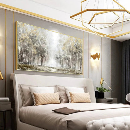 Golden Forest Path hand-painted soft grey and gold textured forest path painting shown with wood frame