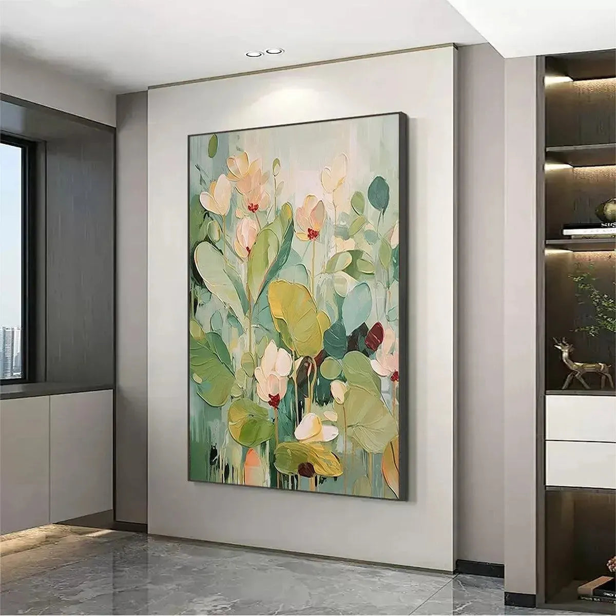 Green and White Impressionist Floral Textured Painting – Lush Garden