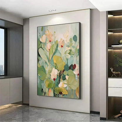 Green and White Impressionist Floral Textured Painting – Lush Garden