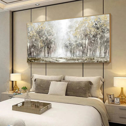 Golden Forest Path hand-painted soft grey and gold textured forest path painting shown with silver frame
