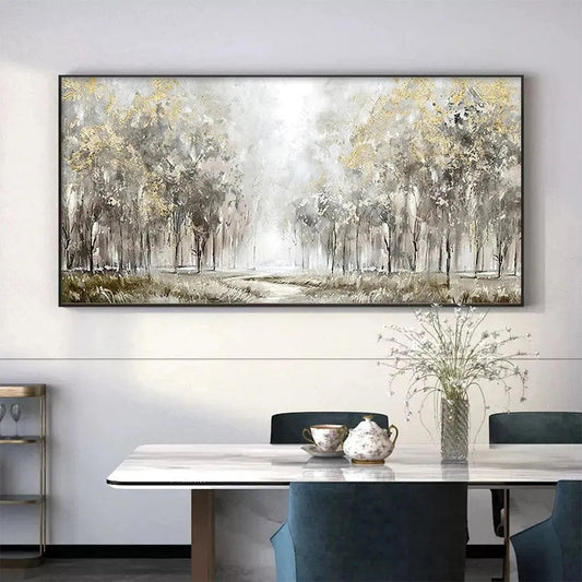Golden Forest Path hand-painted soft grey and gold textured forest path painting shown as stretched canvas