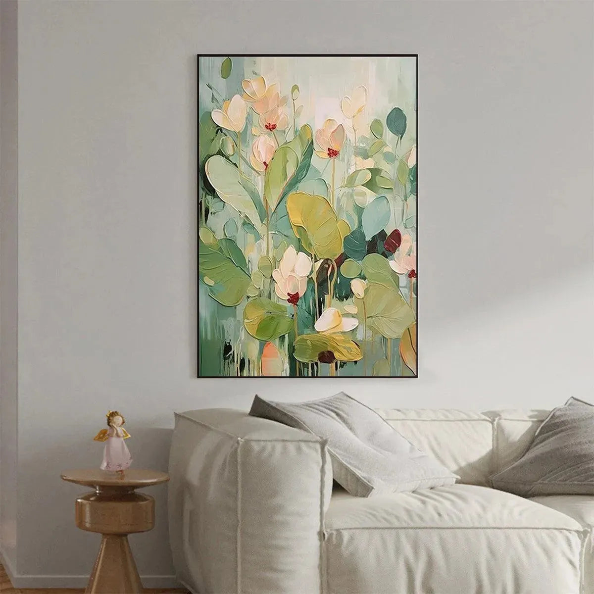 Green and White Impressionist Floral Textured Painting – Lush Garden