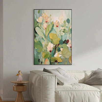 Green and White Impressionist Floral Textured Painting – Lush Garden