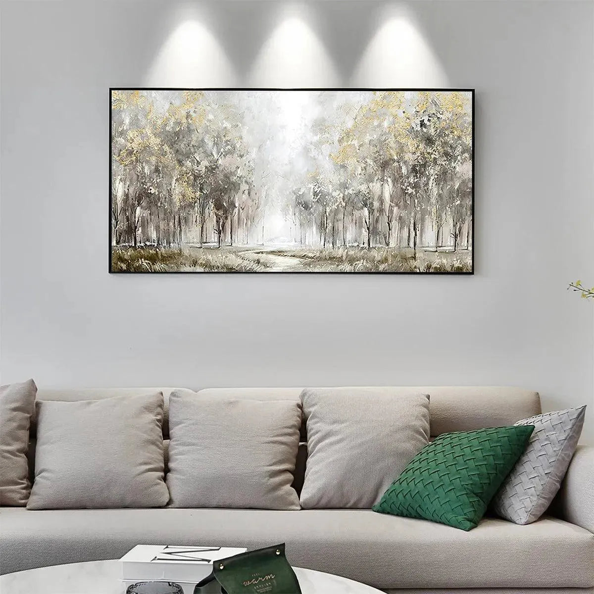 Golden Forest Path hand-painted soft grey and gold textured forest path painting rolled canvas option