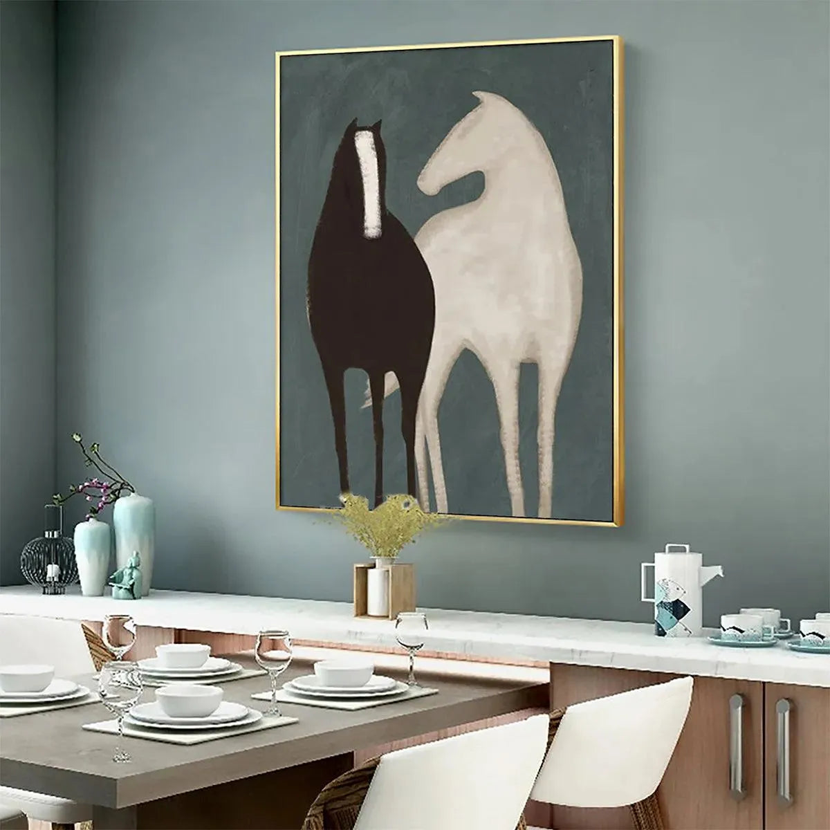 Teal and Black Minimalist Horse Oil Painting – Two Horses
