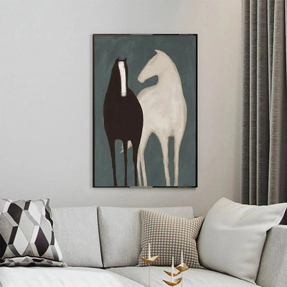 Teal and Black Minimalist Horse Oil Painting – Two Horses