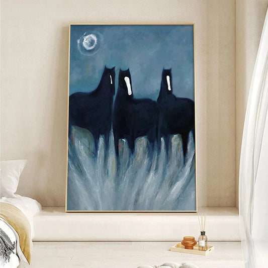Three Horses At Night – Minimalist Horse Oil Painting, view 2