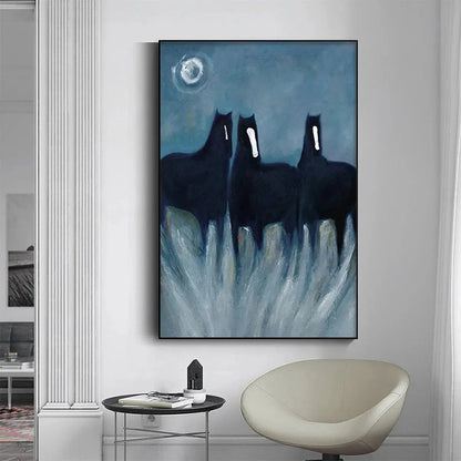 Blue Minimalist Horse Oil Painting – Three Horses At Night