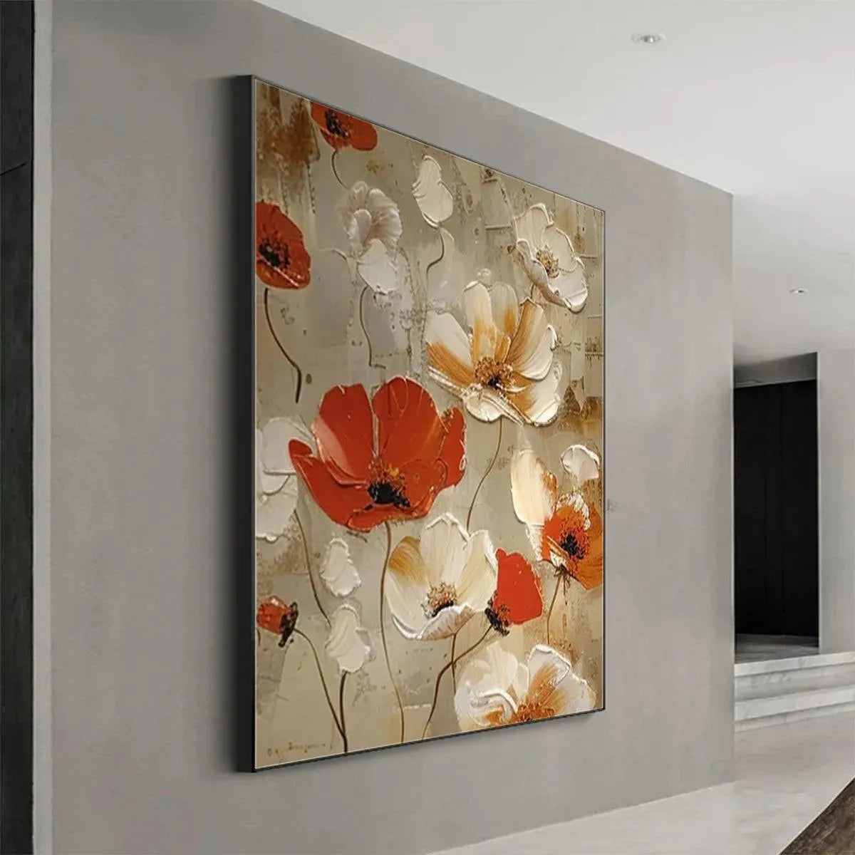 Red and White Poppy Textured Painting – Crimson Fields