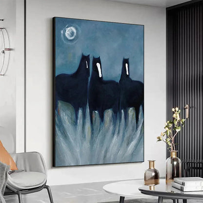 Blue Minimalist Horse Oil Painting – Three Horses At Night