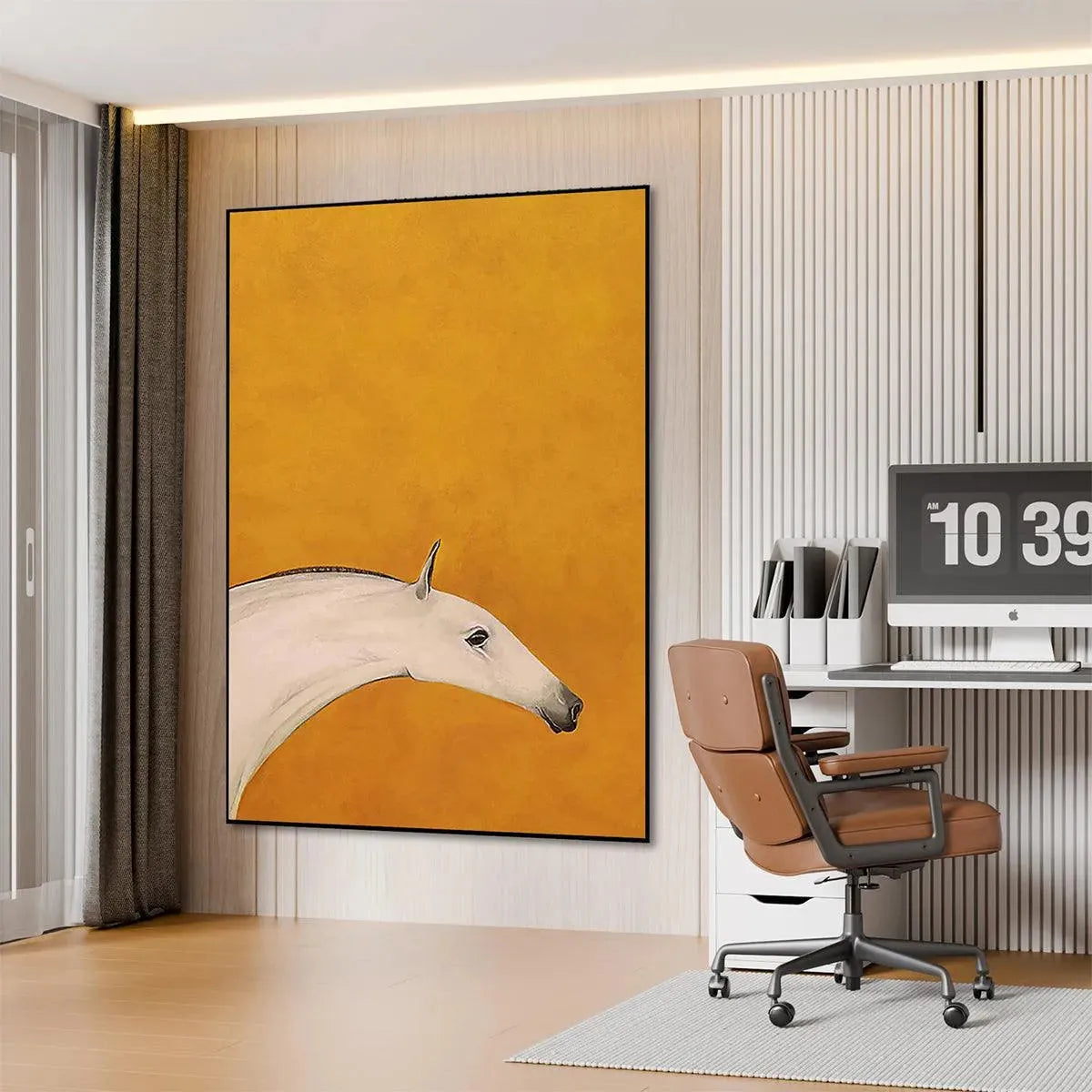 Yellow and White Minimalist Horse Oil Painting – White Horse On Yellow
