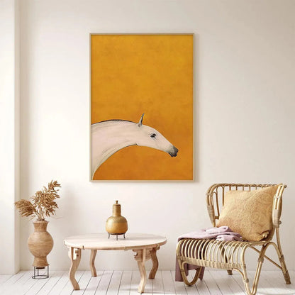 Yellow and White Minimalist Horse Oil Painting – White Horse On Yellow