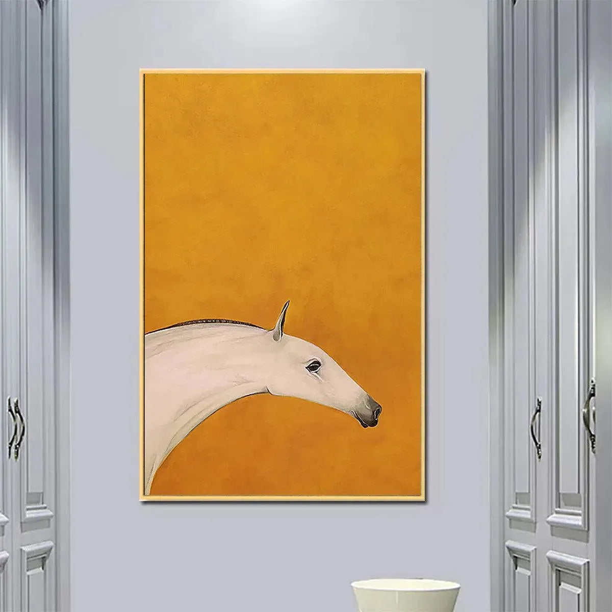 Yellow and White Minimalist Horse Oil Painting – White Horse On Yellow