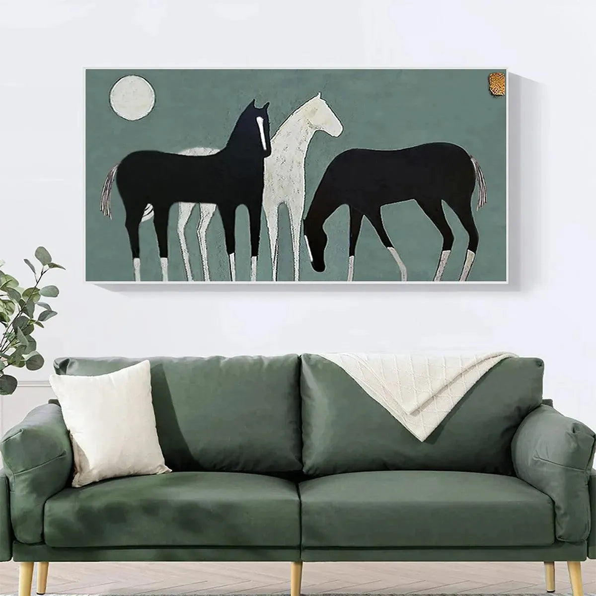 Three Horses Under The Moon – Minimalist Moon Oil Painting, view 2