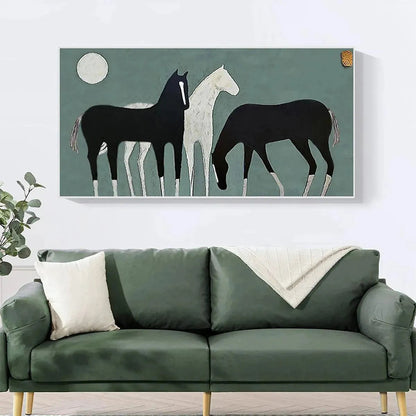 Three Horses Under The Moon – Minimalist Moon Oil Painting, view 2