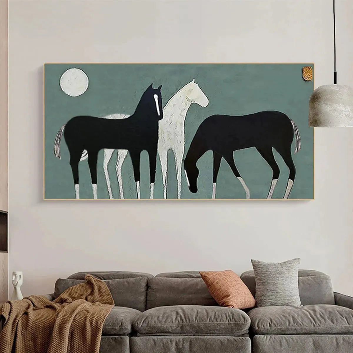 Green Minimalist Moon Oil Painting – Three Horses Under The Moon