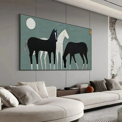 Green Minimalist Moon Oil Painting – Three Horses Under The Moon