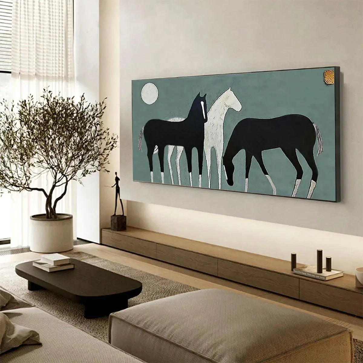 Three Horses Under The Moon – Minimalist Moon Oil Painting, view 5