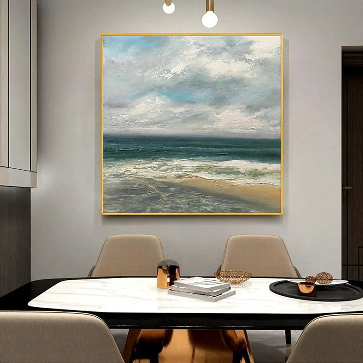 Cloudy Coastal Scene hand-painted ocean blue, ivory and soft neutral tones textured coastal landscape painting shown as stretched canvas