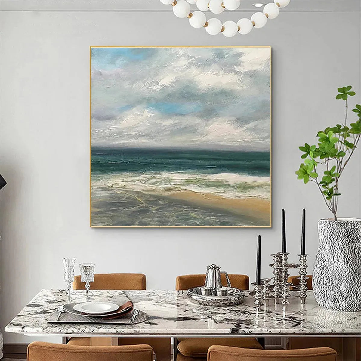 Cloudy Coastal Scene hand-painted ocean blue, ivory and soft neutral tones textured coastal landscape painting shown with white frame