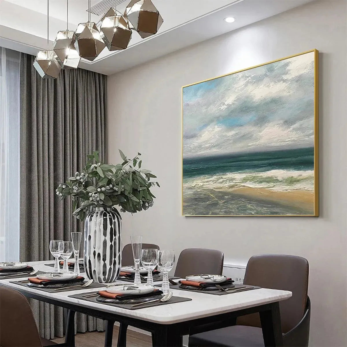 Cloudy Coastal Scene hand-painted ocean blue, ivory and soft neutral tones textured coastal landscape painting shown with black frame
