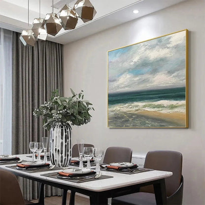 Cloudy Coastal Scene hand-painted ocean blue, ivory and soft neutral tones textured coastal landscape painting shown with black frame