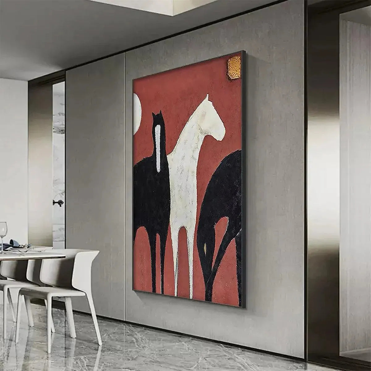 Three Horses On Red – Minimalist Horse Oil Painting, view 5