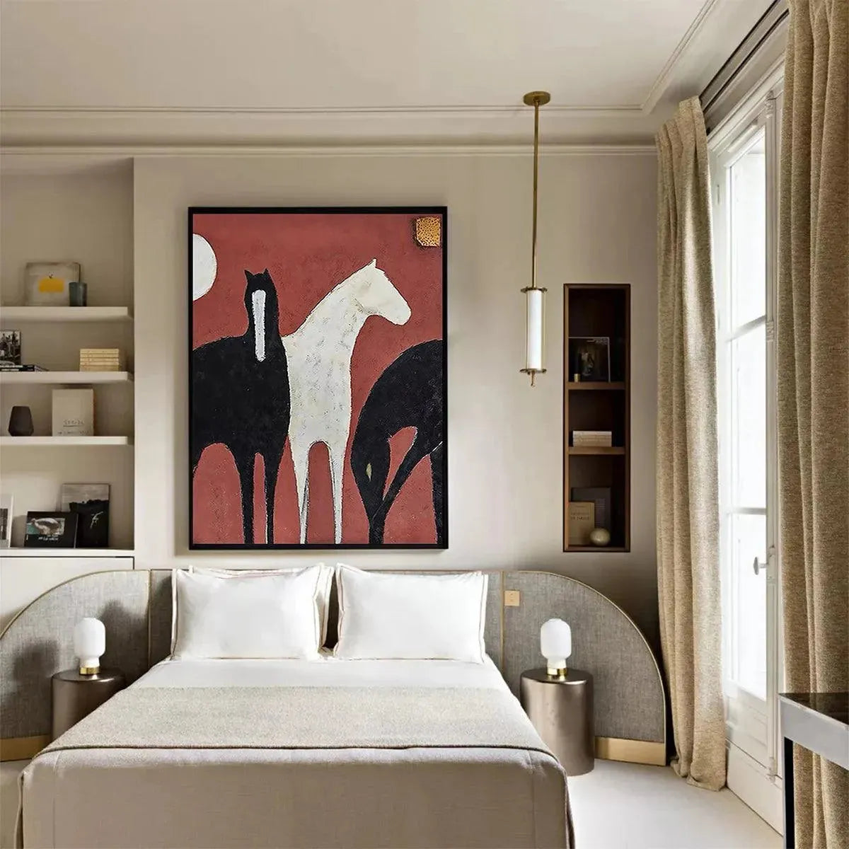 Red Minimalist Horse Oil Painting – Three Horses On Red
