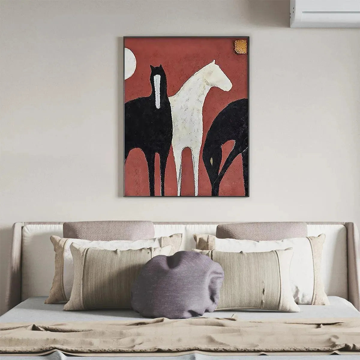 Red Minimalist Horse Oil Painting – Three Horses On Red