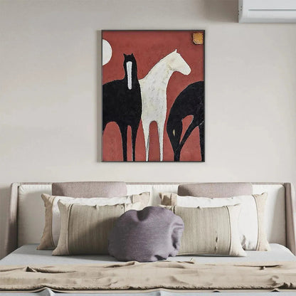 Red Minimalist Horse Oil Painting – Three Horses On Red