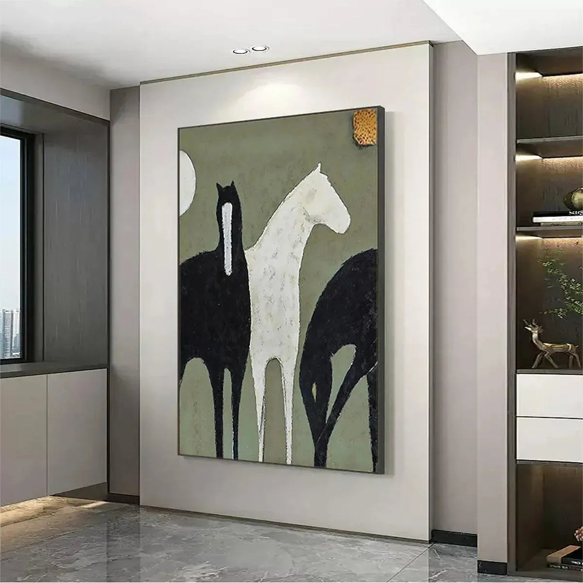 Green Minimalist Horse Oil Painting – Three Horses