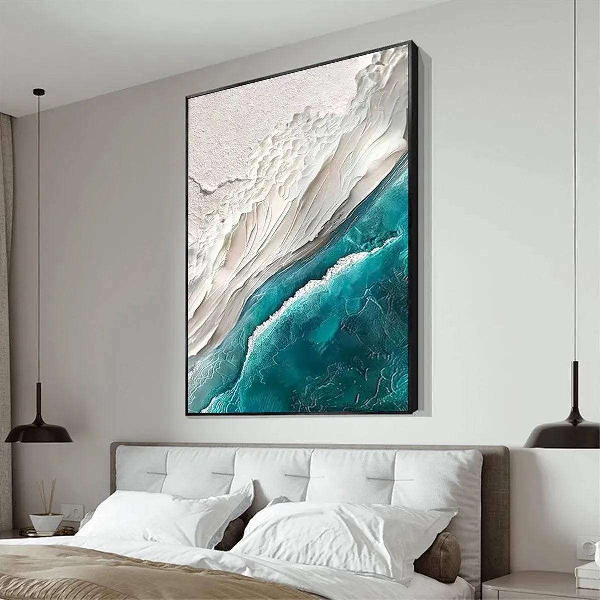 Azure Dream hand-painted white, teal and azure blue textured coastal landscape painting shown as stretched canvas