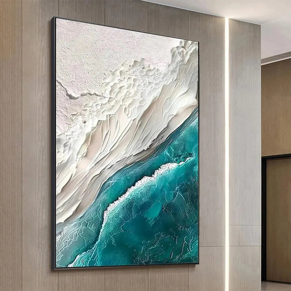 Azure Dream hand-painted white, teal and azure blue textured coastal landscape painting shown with silver frame