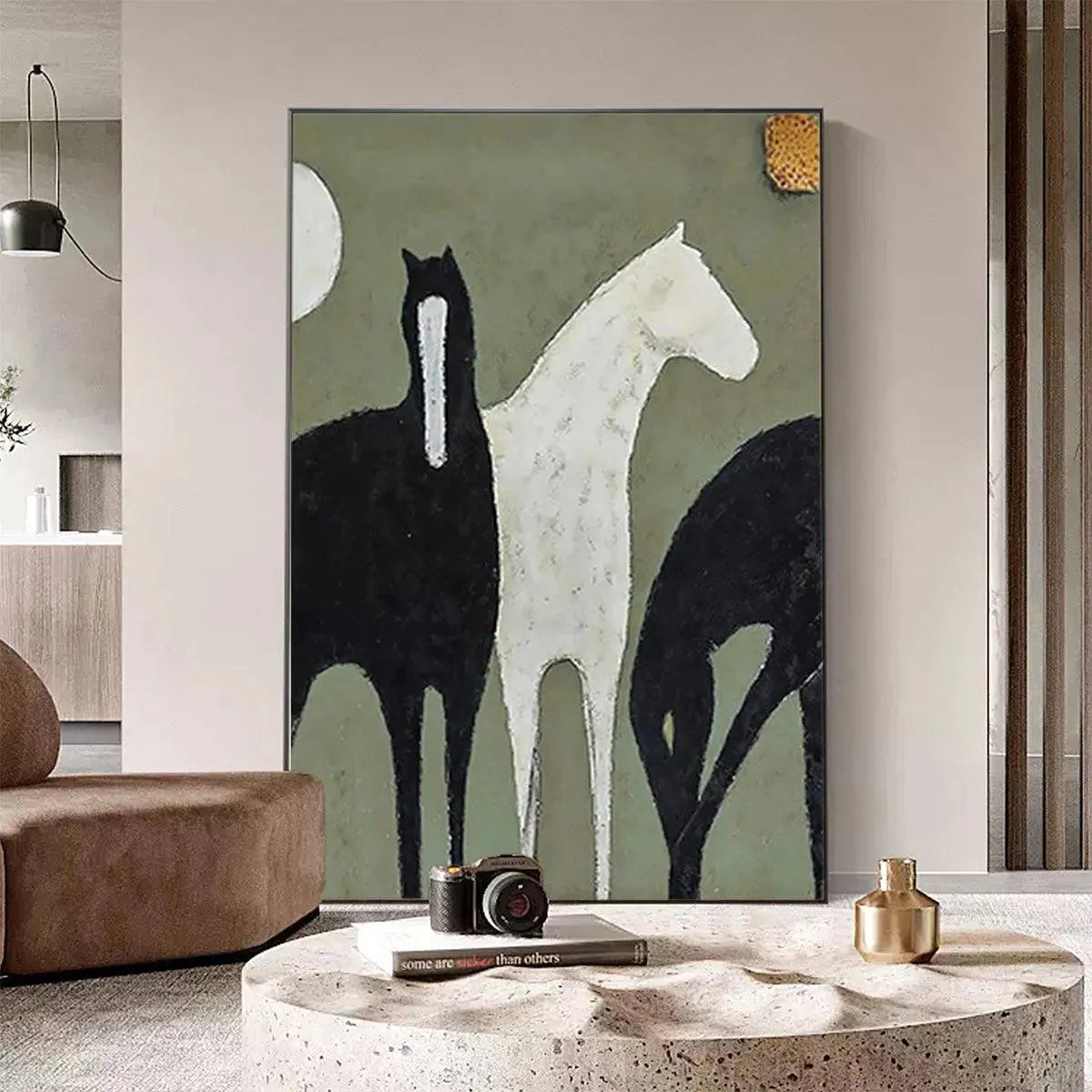 Green Minimalist Horse Oil Painting – Three Horses