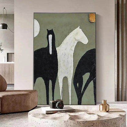 Green Minimalist Horse Oil Painting – Three Horses