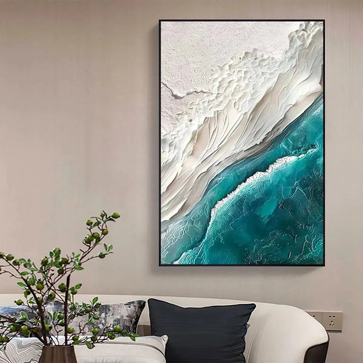 Azure Dream hand-painted white, teal and azure blue textured coastal landscape painting shown with white frame